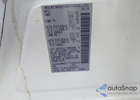 2014 Nissan Pathfinder Sl z USA, uszkodzony, nr VIN 5N1AR2MM6EC710993